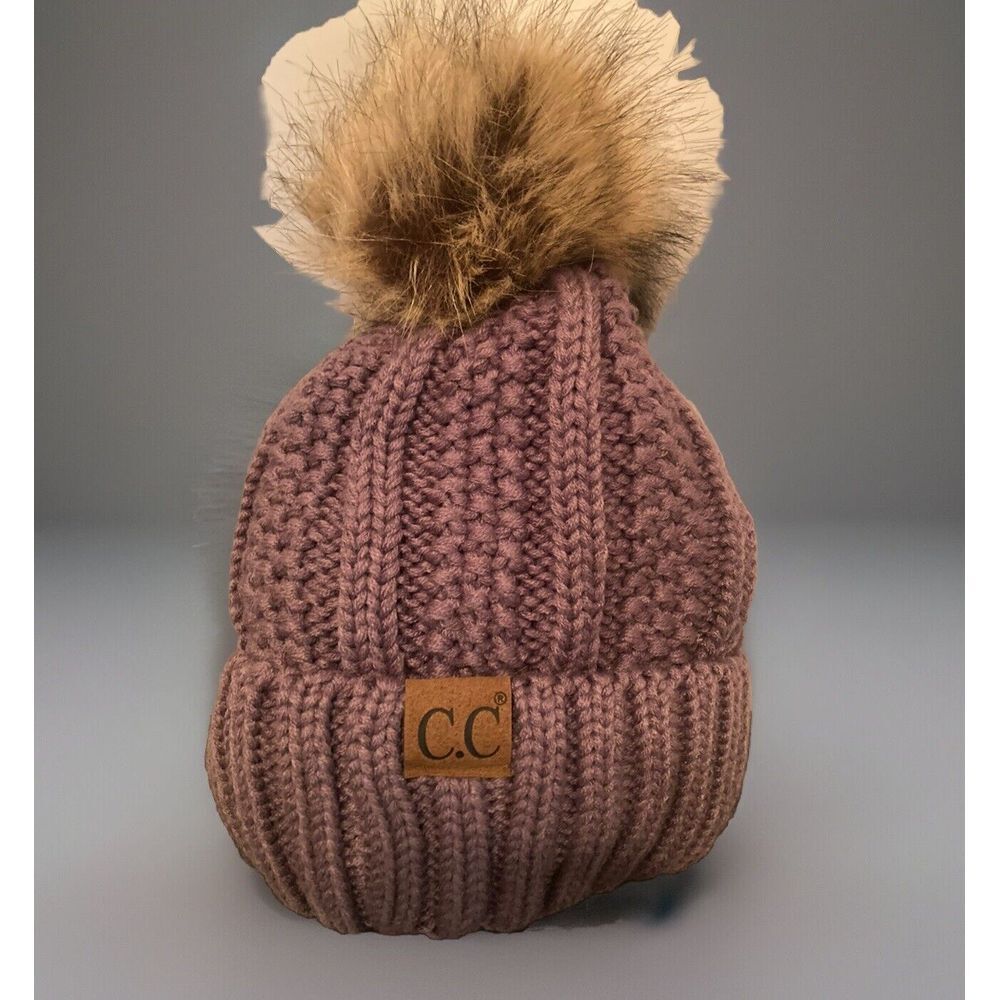 C.C. Women's‎ Exclusive Knit Hat Beanie with Faux Fur Pom Pom Mauve